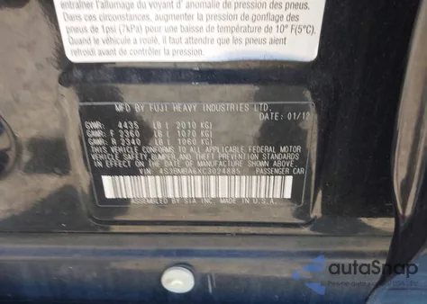 2012 Subaru Legacy 2.5I from USA, damaged, VIN 4S3BMBA6XC3024885